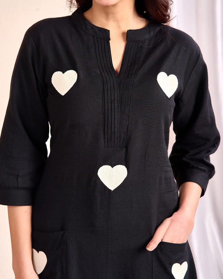 Black Heart Embroidered Cotton Kurta and Pant Set