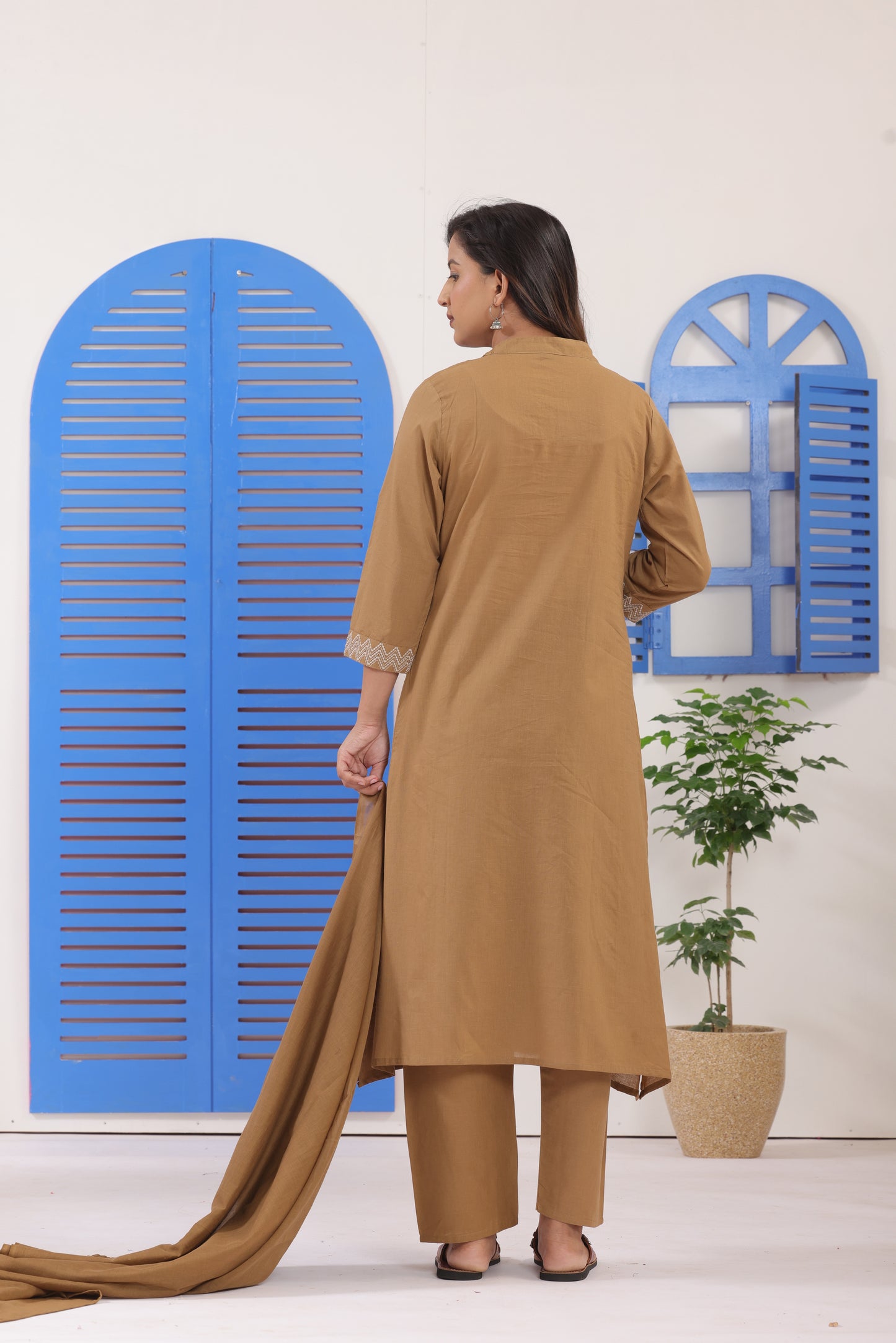 Dark Beige Embroidered Cotton Suit Set with Dupatta