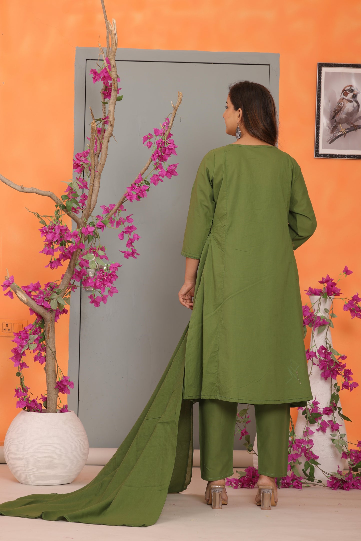 Green Embroidered Cotton Kurta and Pant Set with Dupatta