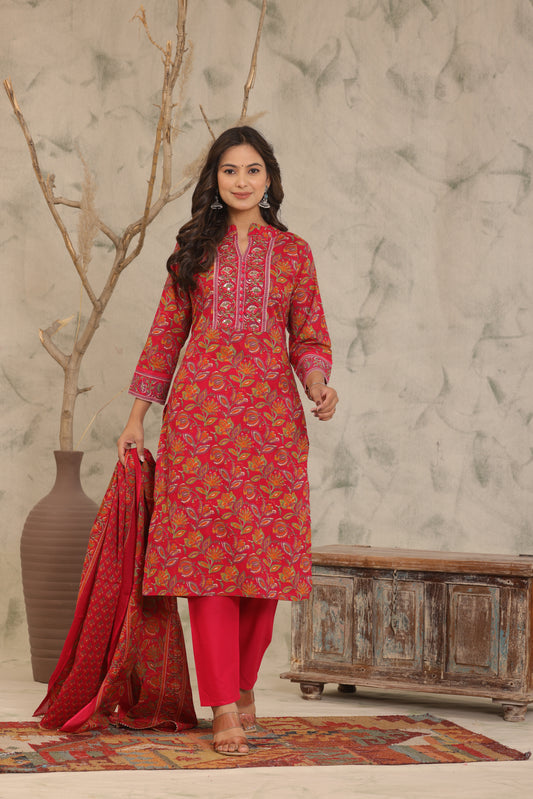 Red Adda Work Cotton Kurta and Pant Set with Dupatta