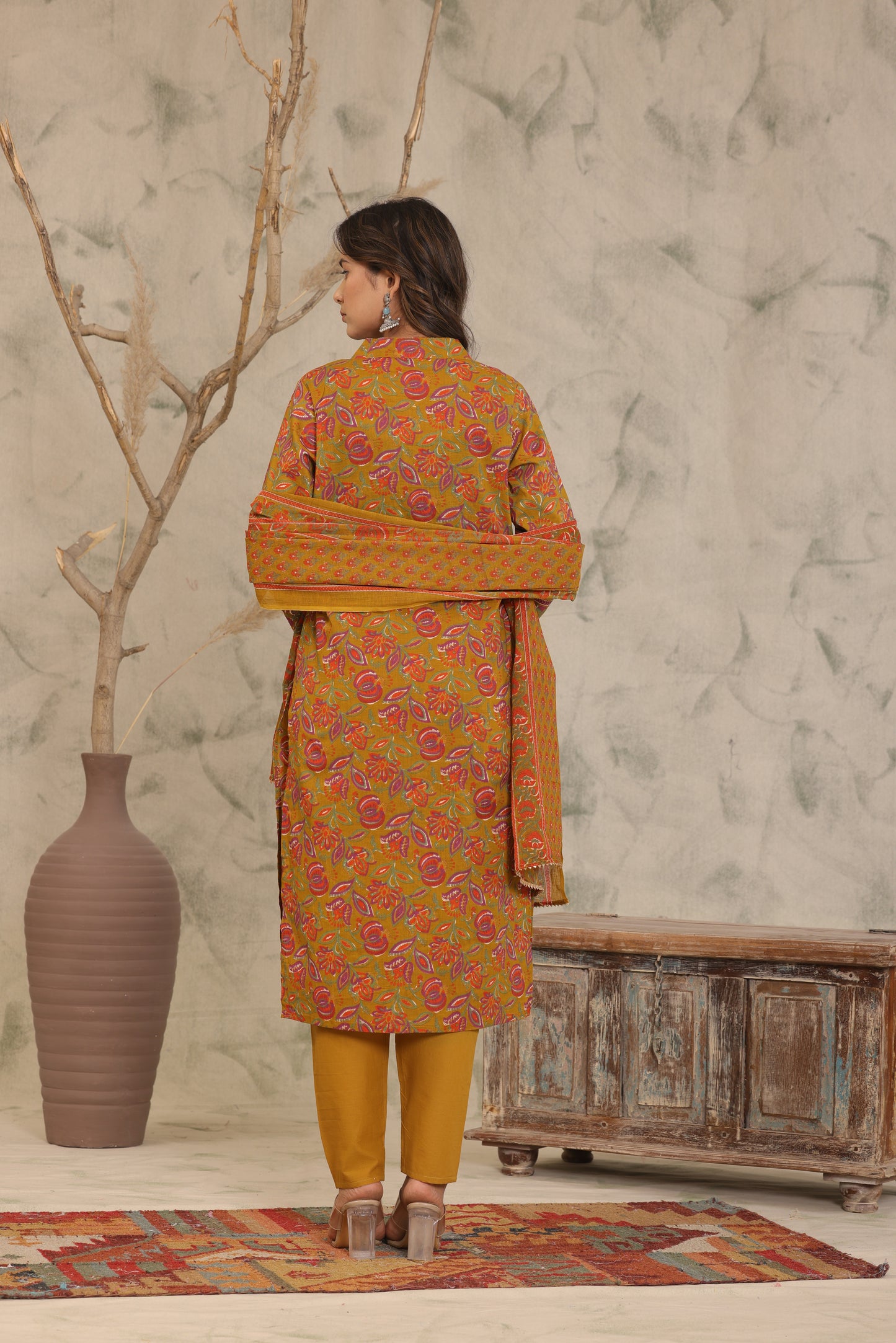 Mustard Brown Adda Work Cotton Kurta and Pant Set with Dupatta