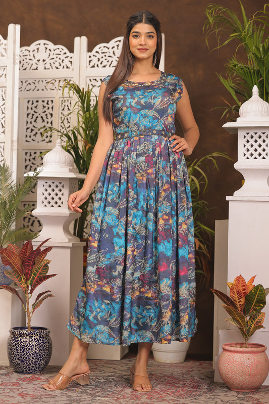 Sky Blue Chinon Dress with Belt Attached