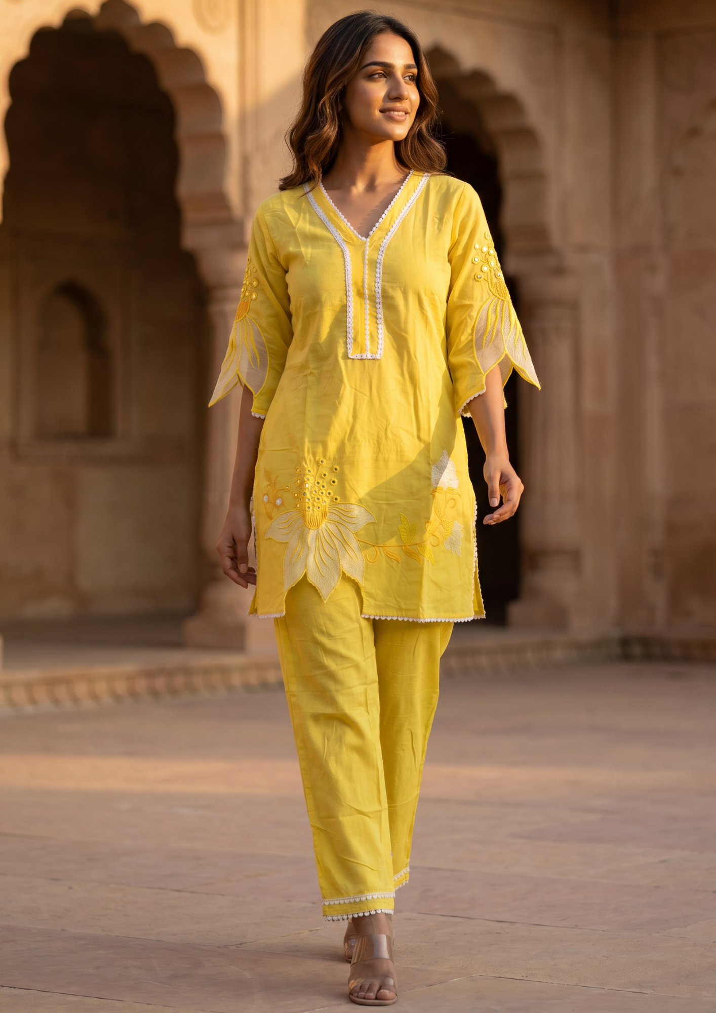 Yellow Embroidered Rayon Kurta and Pant Set