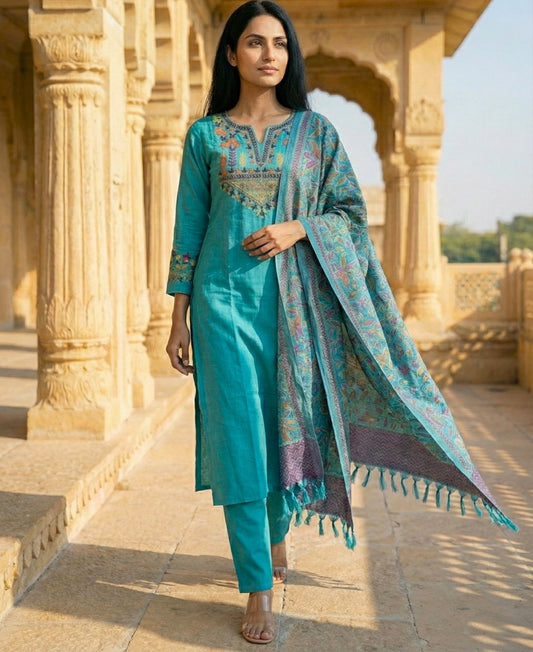 Sky Blue Embroidered Cotton Flex Kurta and Pant Set with Dupatta