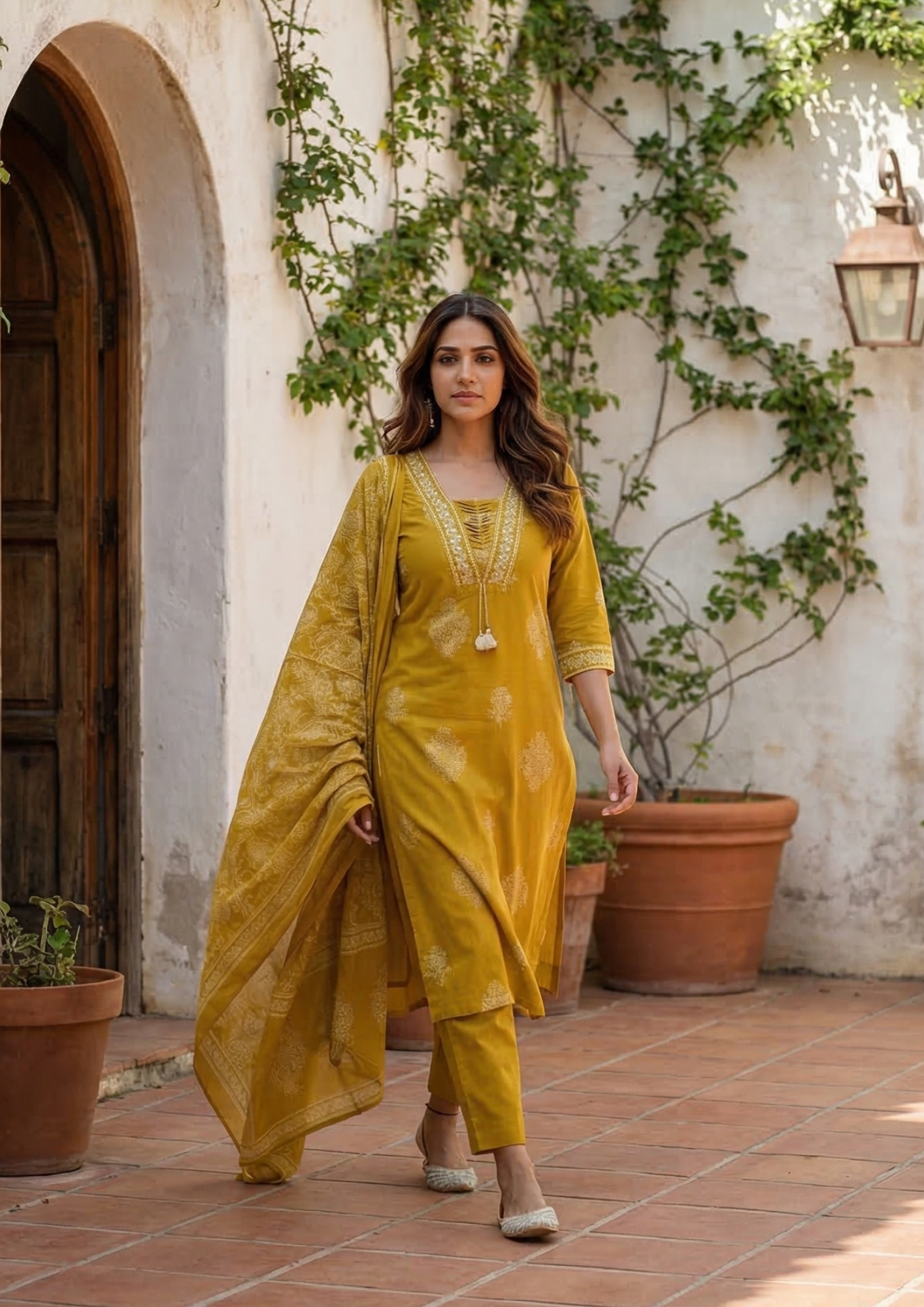 Dark Mustard Cotton Kurta And Pant Set With Mulmul Dupatta