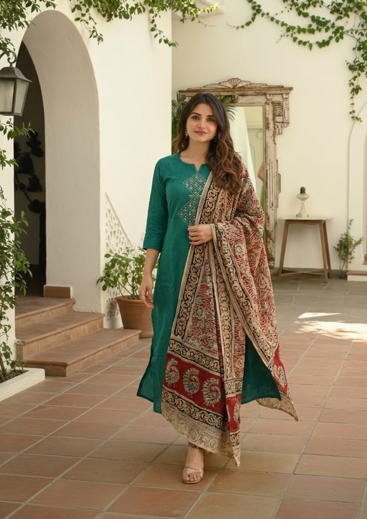Persian Green Embroidered Handloom Cotton Suit Set with Dupatta