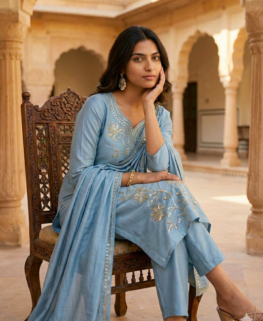 Cloudy Blue Embroidered Roman Silk Kurta and Pant Set with Dupatta