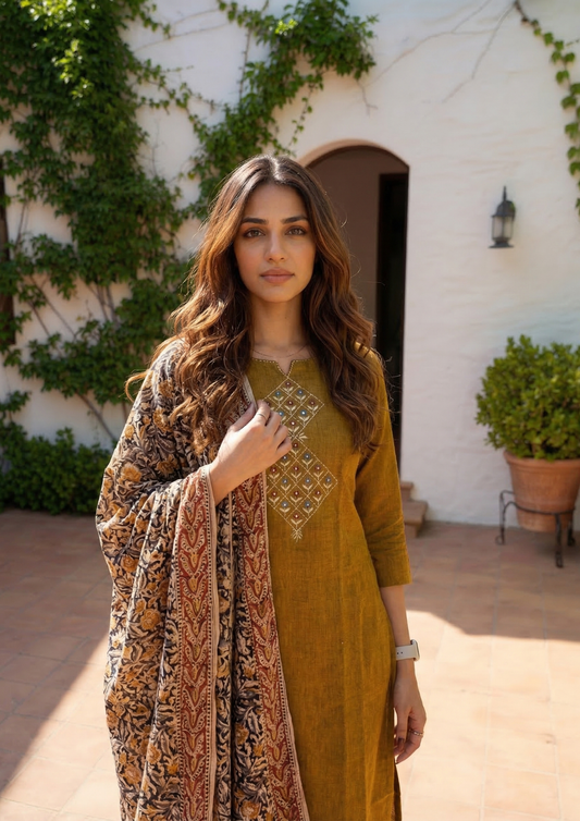 Ruddy Brown Embroidered Handloom Cotton Suit Set with Dupatta