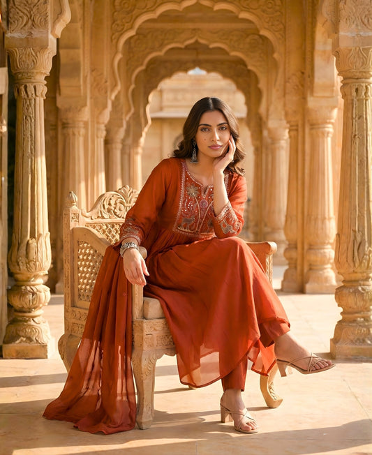 Dusty Red Embroidered Pure Mul Chanderi Suit Set