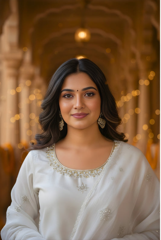 White Heavy Embroidered Glass Silk Suit Set with Dupatta