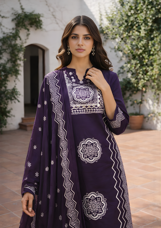 Abstract Purple Printed Cotton Kurta and Pant Set with Dupatta