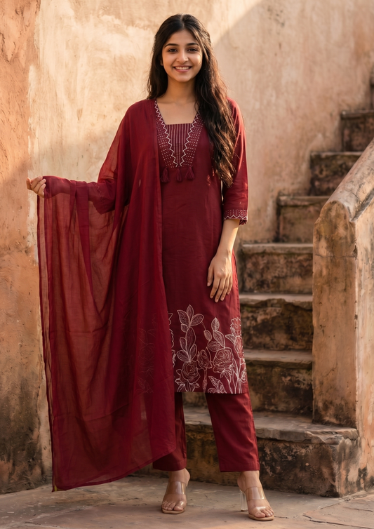 Maroon Embroidered Cotton Kurta and Pant Set with Dupatta