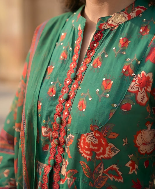 Green Floral Printed Cotton Anarkali Gown with Dupatta