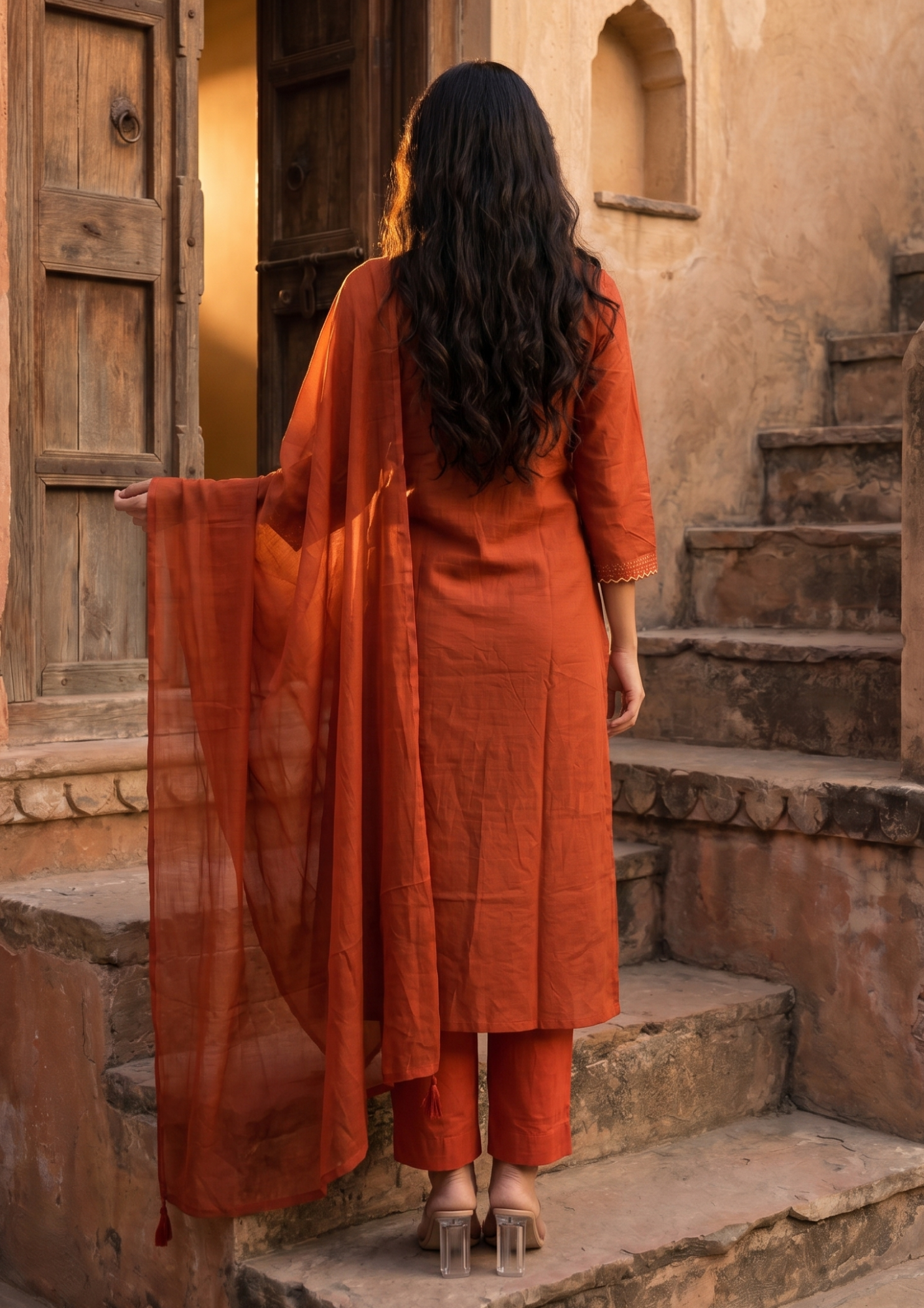 Orange Embroidered Cotton Kurta and Pant Set with Dupatta