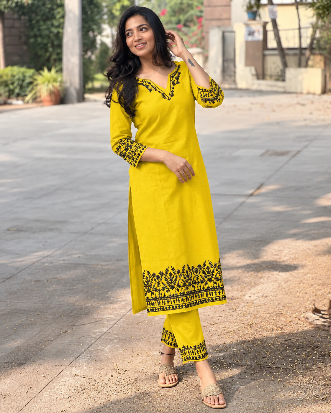 Yellow Embroidered Cotton Kurta and Pant Set