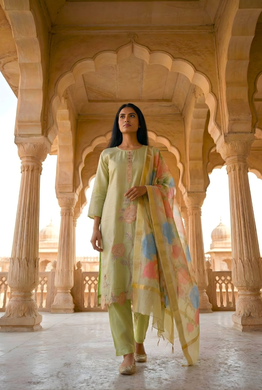 Green Smoke Embroidered Poly Jaquard Suit Set with Dupatta