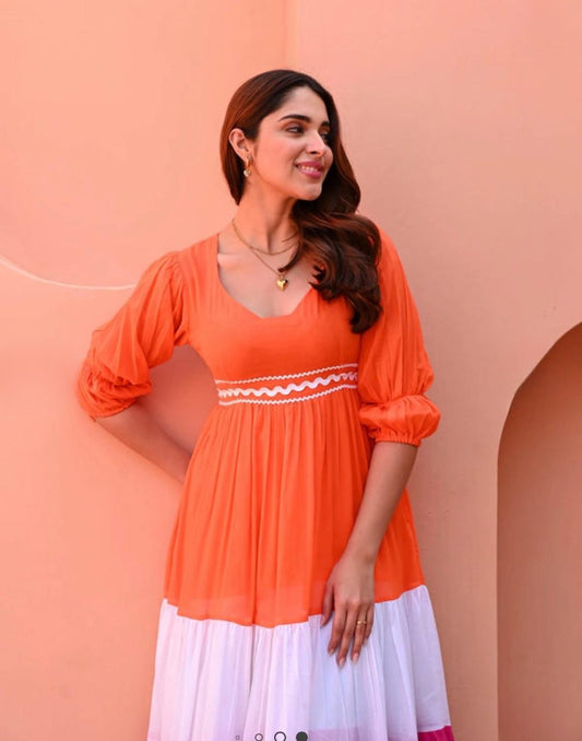 Orange White Pink Embellished Rayon Gown