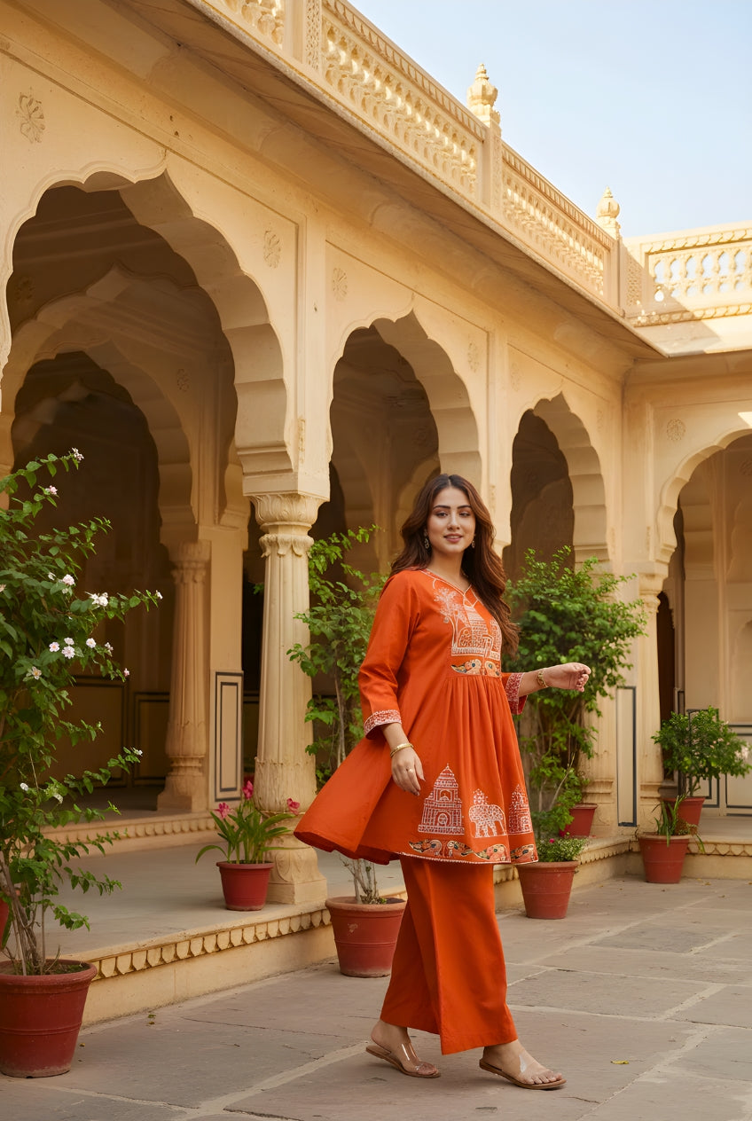 Rust Orange Embroidered Cotton Co-Ord Set