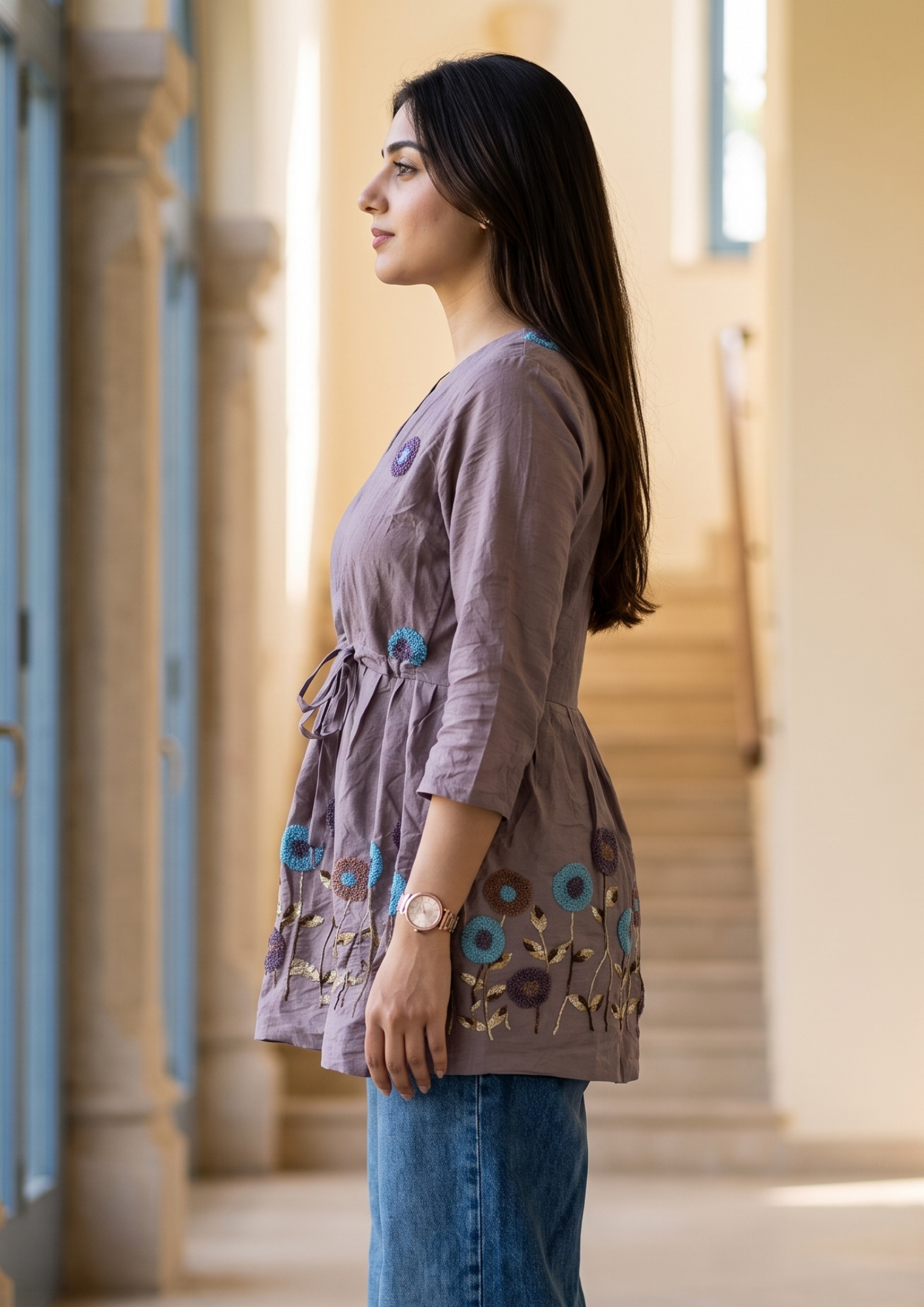 Purple Embroidered Rado Cotton Short Kurti