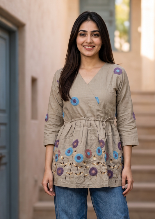 Grey Embroidered Rado Cotton Short Kurti