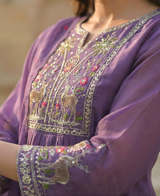 Plum Purple Embroidered Pure Mul Chanderi Suit Set
