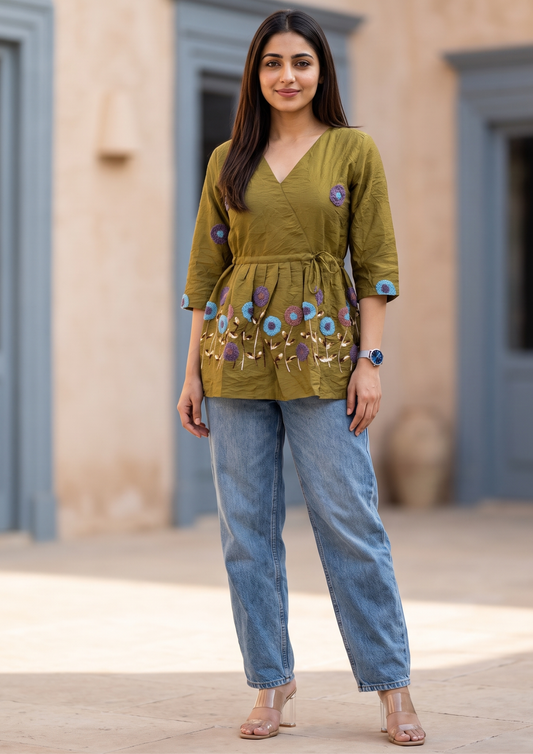 Dark Mustard Yellow Embroidered Rado Cotton Short Kurti