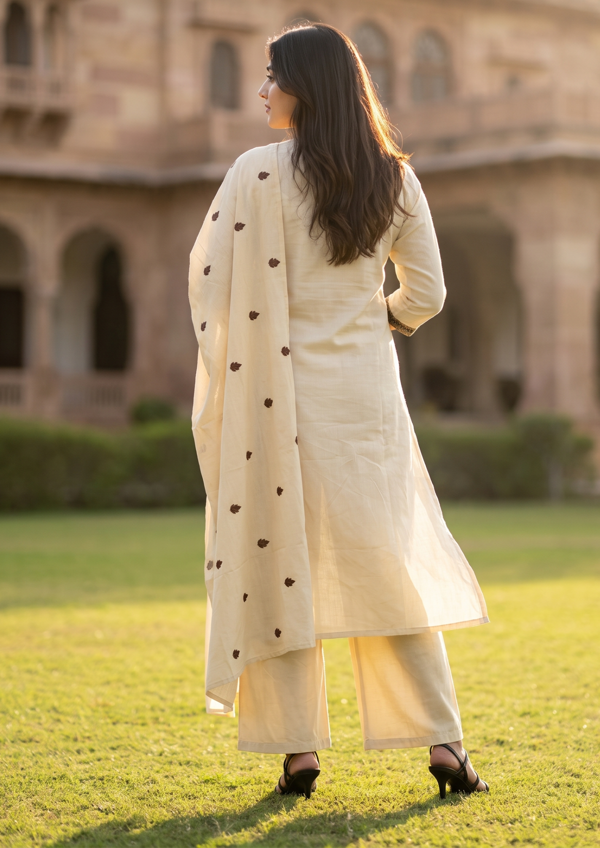 Beige Embroidered Mul Cotton Suit Set with Dupatta
