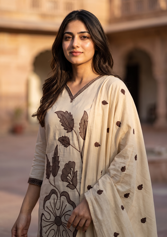 Beige Embroidered Mul Cotton Suit Set with Dupatta