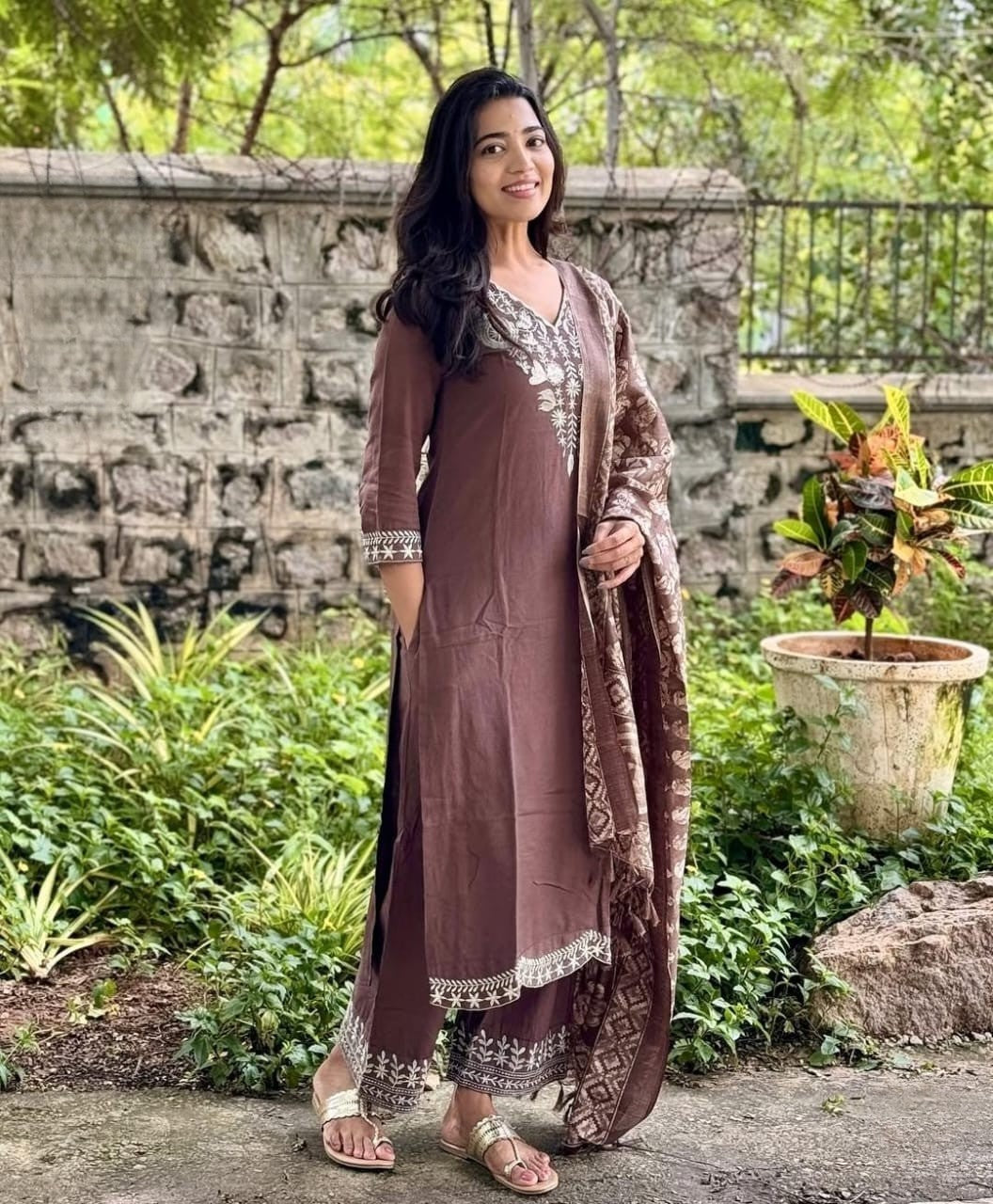 Brown Embroidered Cotton Kurta and Pant Set with Dupatta