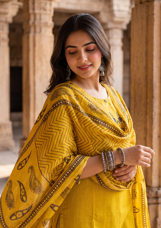Mustard Mirror Work Cotton Blend Kurta and Pant Set with Dupatta
