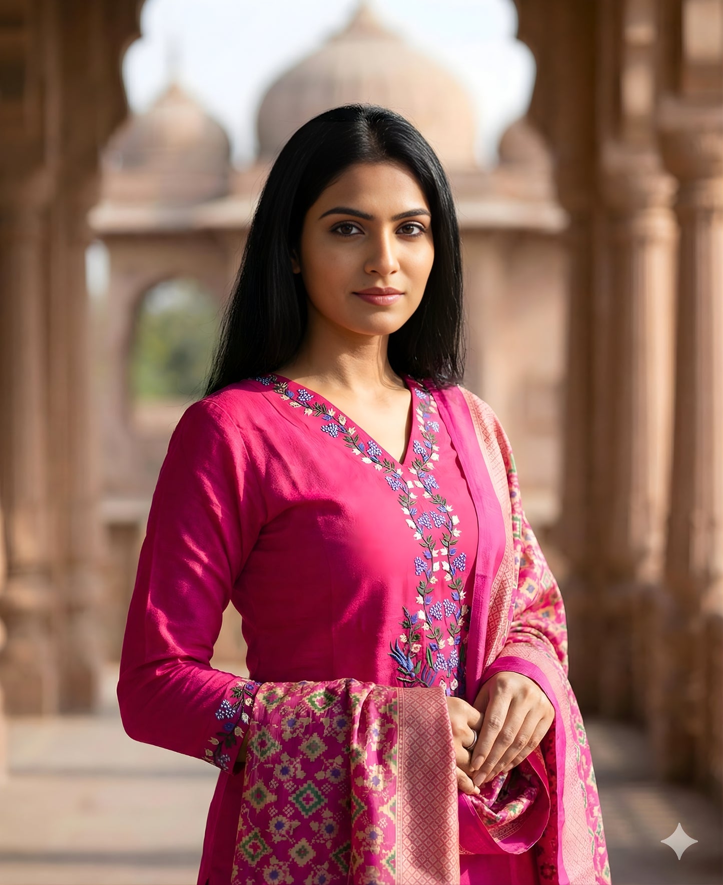 Pink Embroidered Cotton Kurta and Pant Set with Dupatta