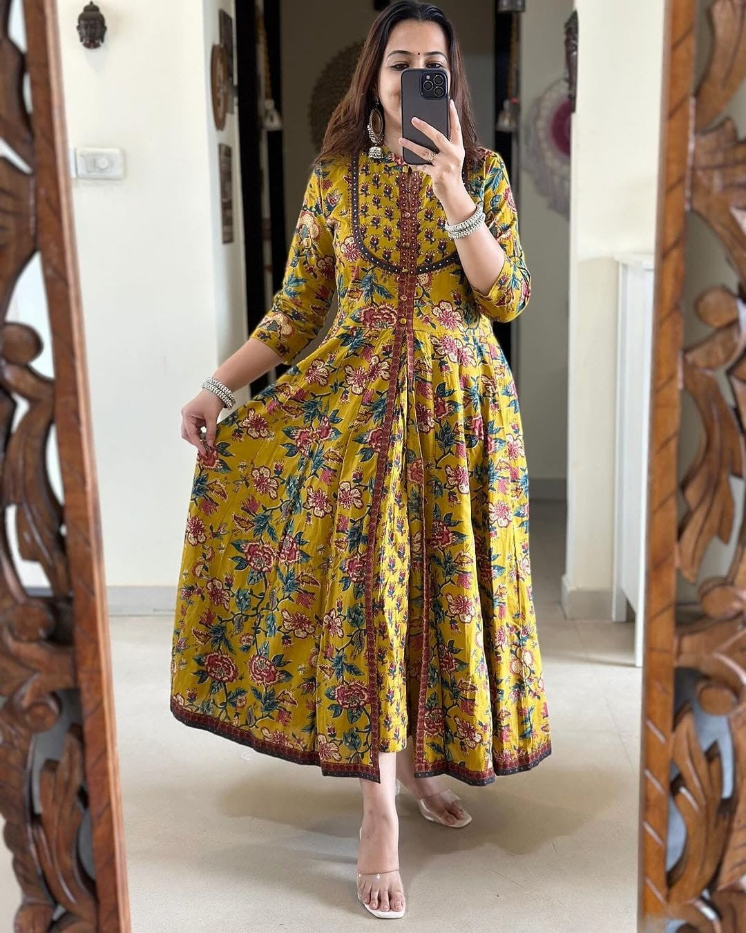 Mustard Floral Printed Cotton Anarkali Gown with Dupatta