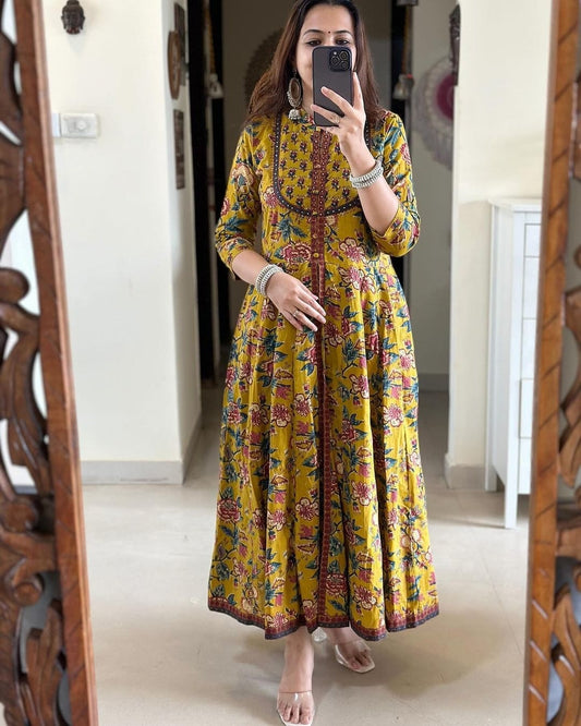 Mustard Floral Printed Cotton Anarkali Gown with Dupatta
