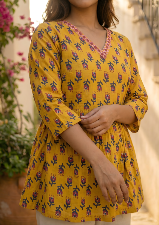 Mustard Floral Printed Cotton Short Kurti