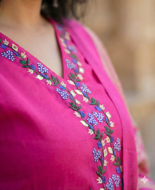 Pink Embroidered Cotton Kurta and Pant Set with Dupatta