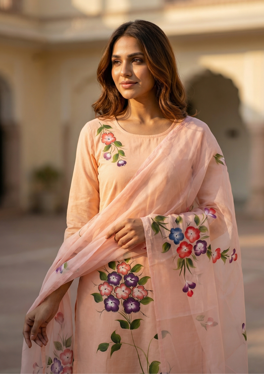 Light Peach Printed Roman Silk Kurta and Pant Set with Dupatta