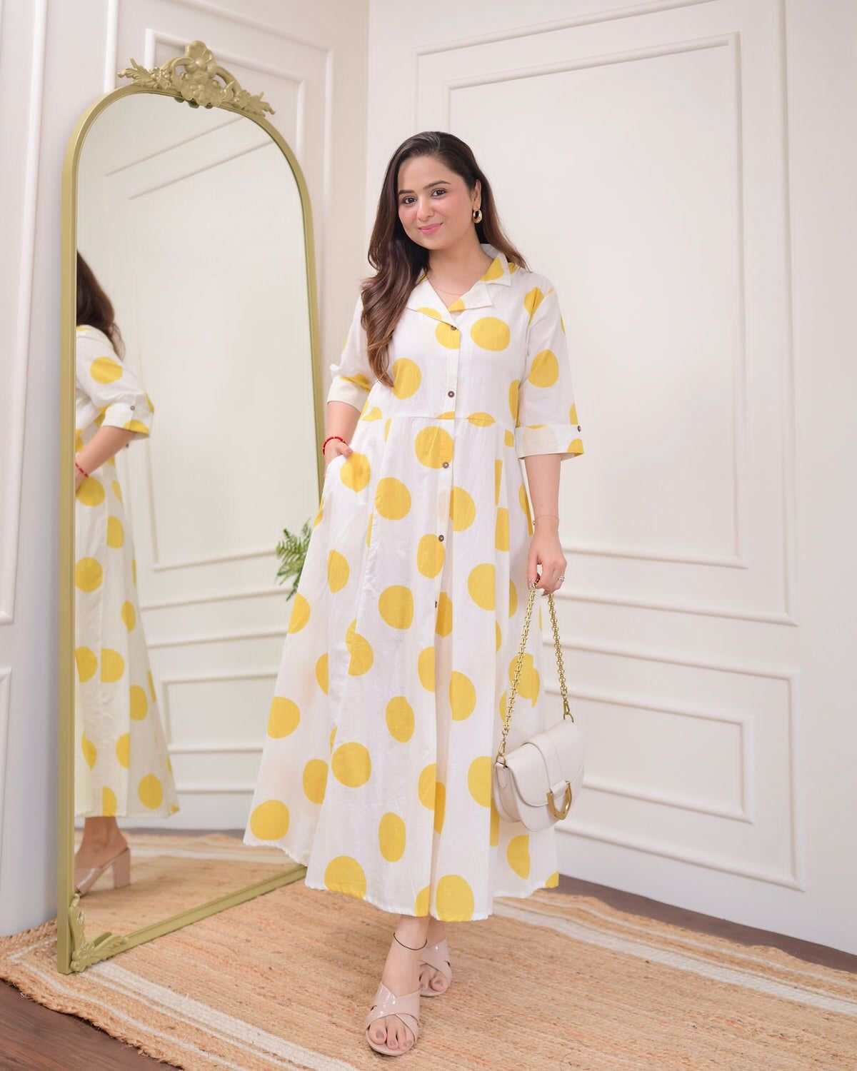 White Yellow Polka Dot Printed Rayon Anarkali Gown – Style Jaipur