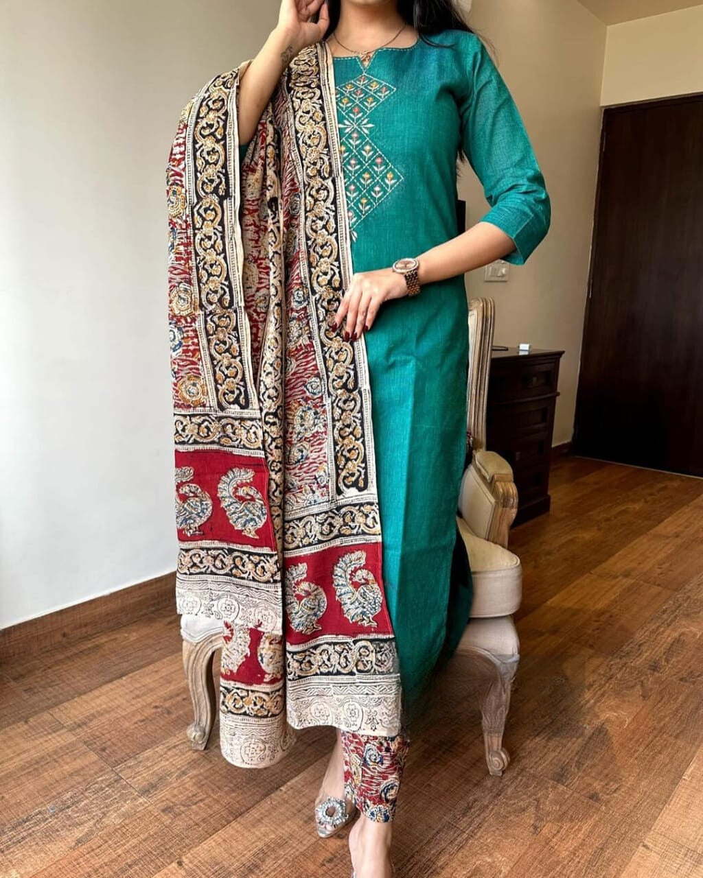 Persian Green Embroidered Handloom Cotton Suit Set with Dupatta Style Jaipur Persian Green Embroidered Handloom Cotton Suit Set with Dupatta Style Jaipur