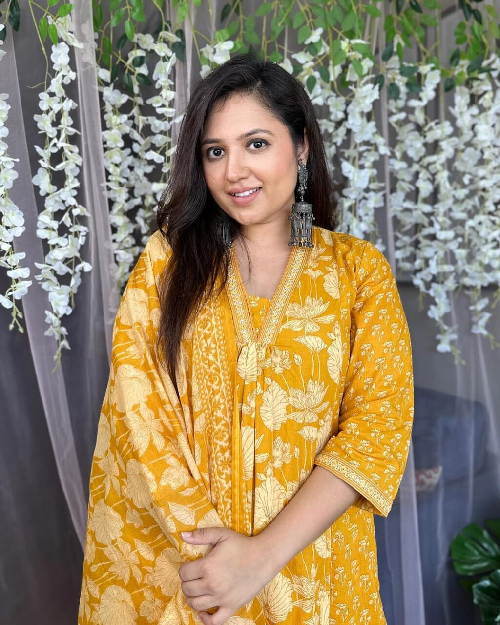 Yellow Floral Printed Cotton Kurta and Pant Set with Dupatta