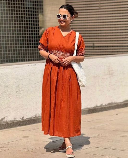 Rust Brown Embroidered Cotton Slub Anarkali Gown