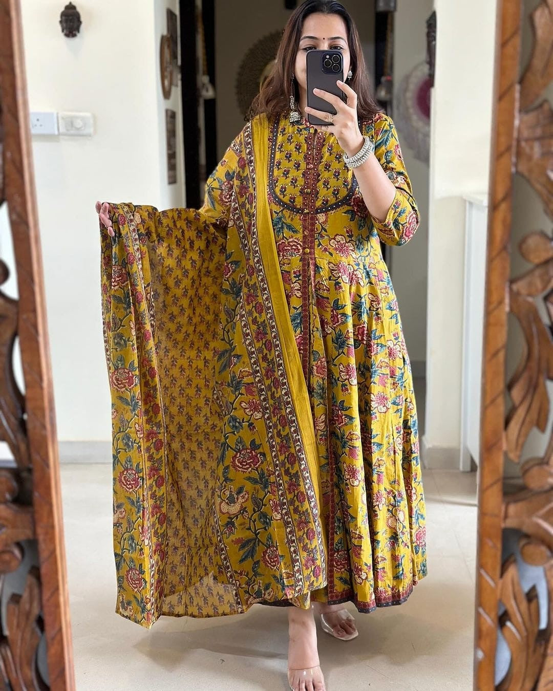 anarkali cotton dress with dupatta Brown Cotton Anarkali Suit Set with Dupatta XL/42