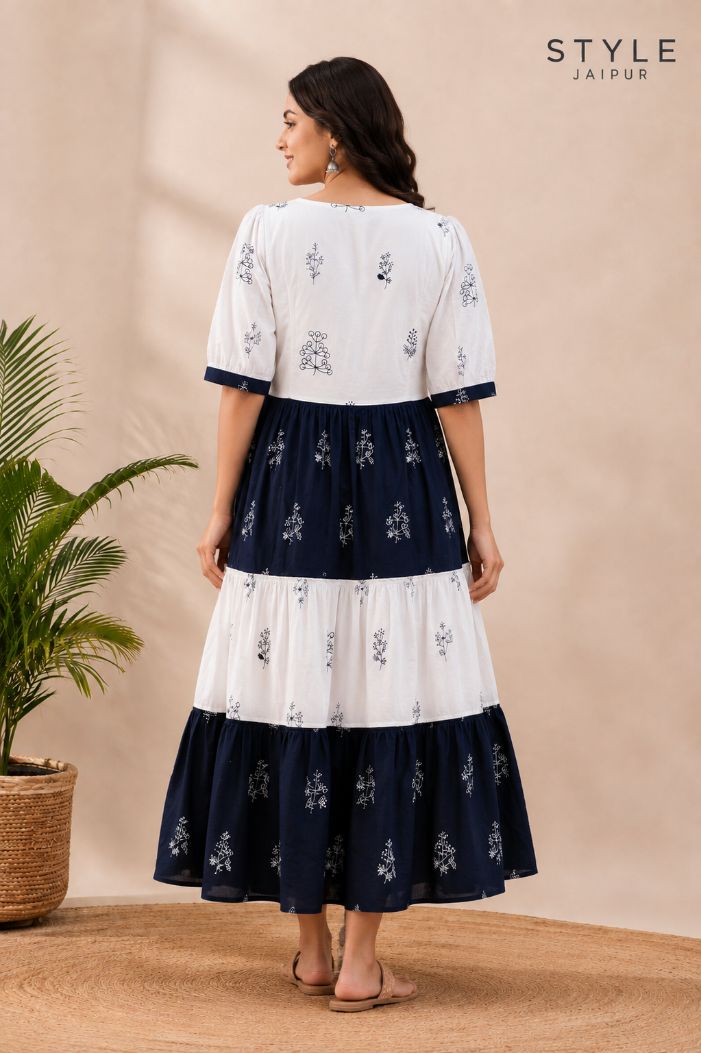White Blue Printed Cotton Anarkali Gown