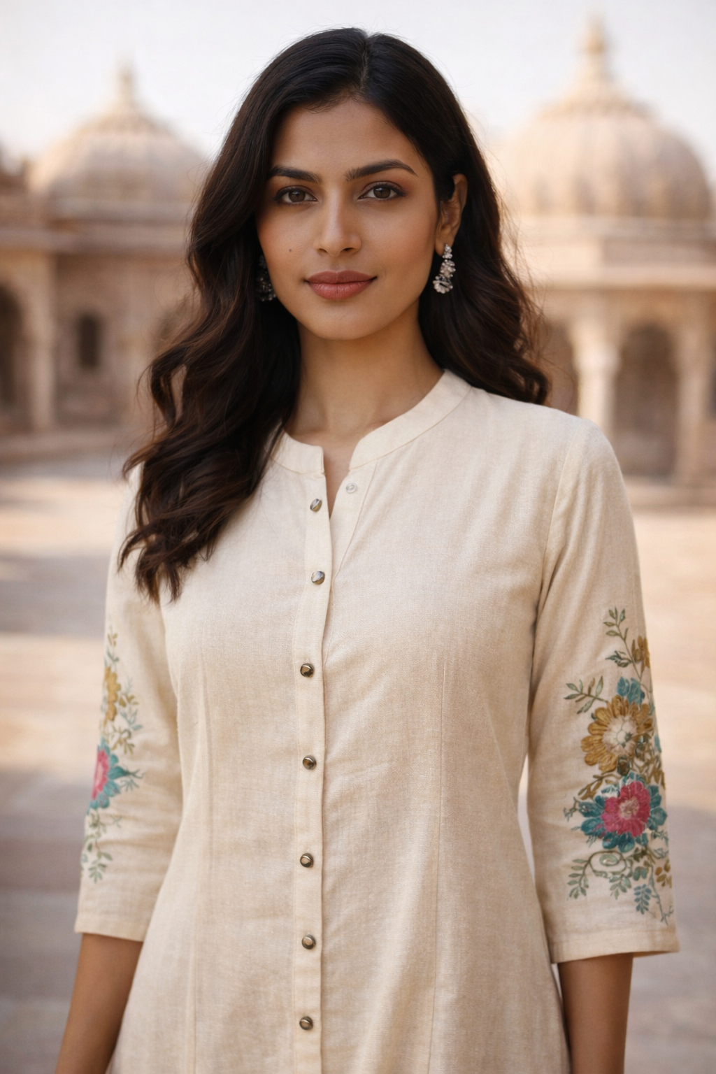 Off White Embroidered Cotton Flex Kurta and Pant Set