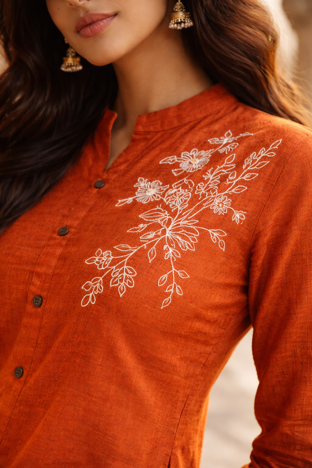 Rust Orange Embroidered Cotton Slub Co-Ord Set