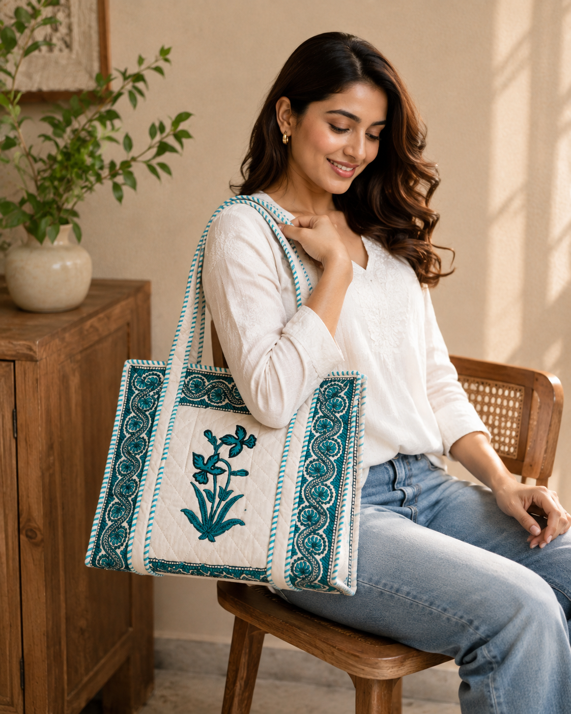 Block Printed Quilted Tote Bag