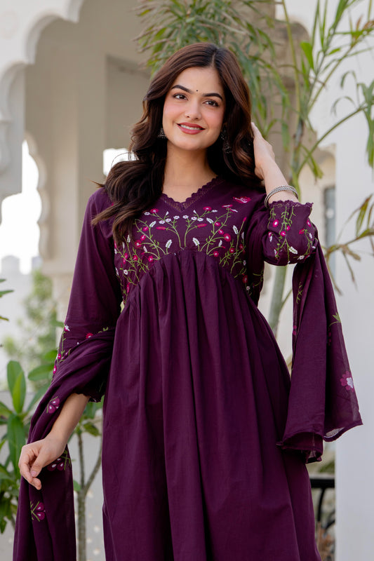 Wine Embroidered Cotton Kurta and Pant Set with Dupatta