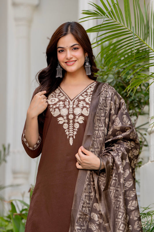 Brown Embroidered Cotton Kurta and Pant Set with Dupatta
