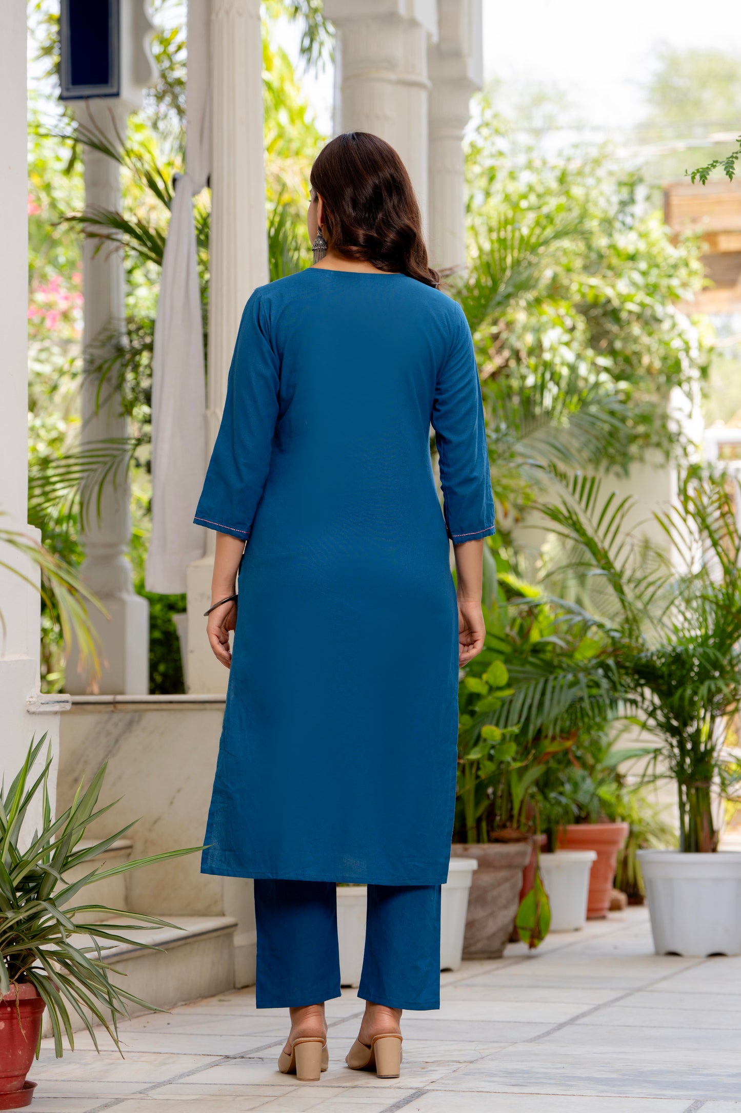 Blue Embroidered Cotton Flex Kurta and Pant Set with Dupatta
