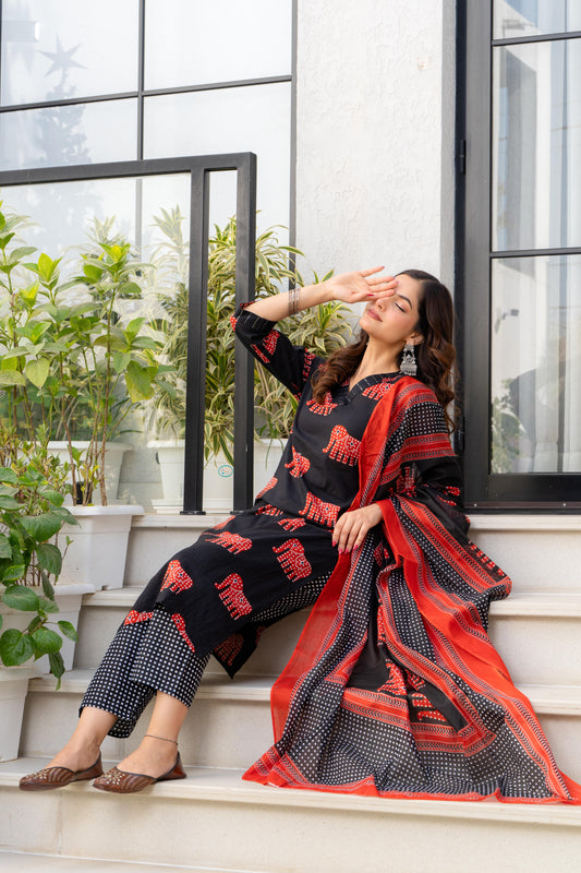Black Red Printed Cotton Kurta and Pant Set with Mulmul Dupatta