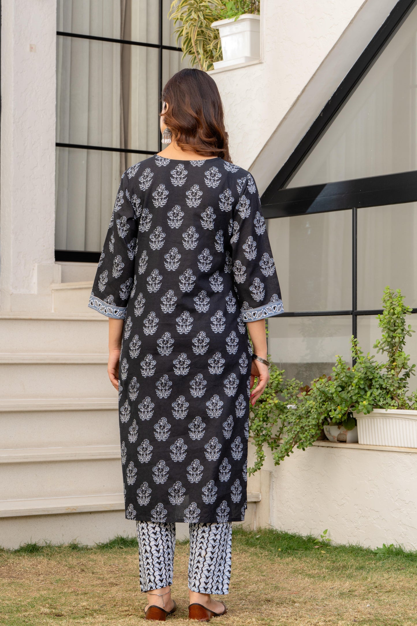 Dark Grey Printed Cotton Kurta and Pant Set with Dupatta